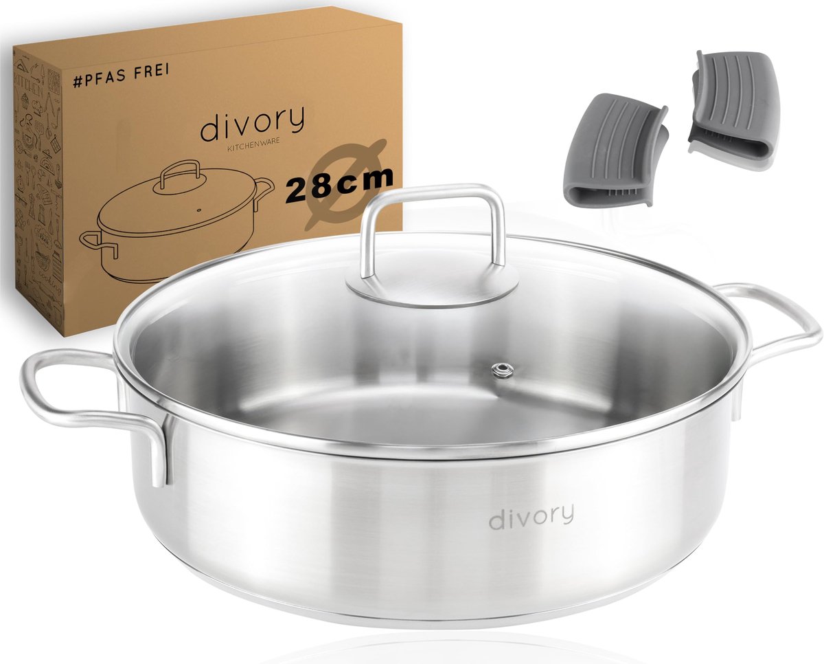 SnelShoppen - DIVORY Braadpan 28 cm - Hoge Roestvrijstalen Pan zonder Coating, Vrij van PTFE/PFOA, Met Deksel, Inductie- & Ovenbestendig voor Keuken,