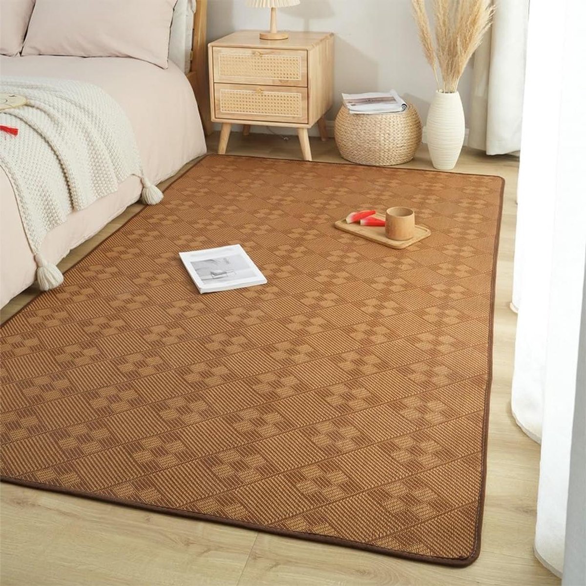 Natuurlijk Rotan Mat - Vloermat Ademend - Koel Slapen - Gladde Crypto Weving - 80 x 200 cm - Bruin Gestreept