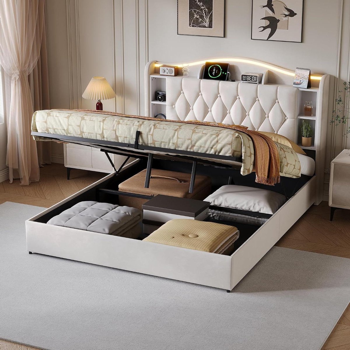 Gestoffeerd Bed - Tweepersoonsbed Opbergruimte - Moderne Slaapkamer - Geïntegreerd Laadstation - 140 x 200 cm - Beige
