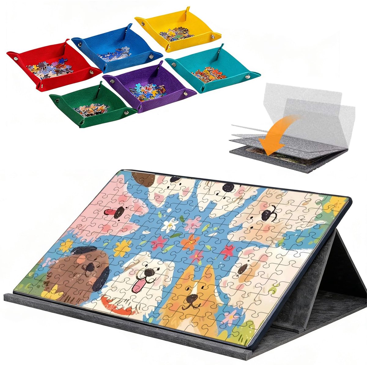 SnelShoppen - Puzzeltafel voor 1000 stukjes, Kantelbaar Puzzelbord met 2-in-1 Standaard en Afdekking, Licht Vilten Puzzlen Plateau met 6 Sorteervakken