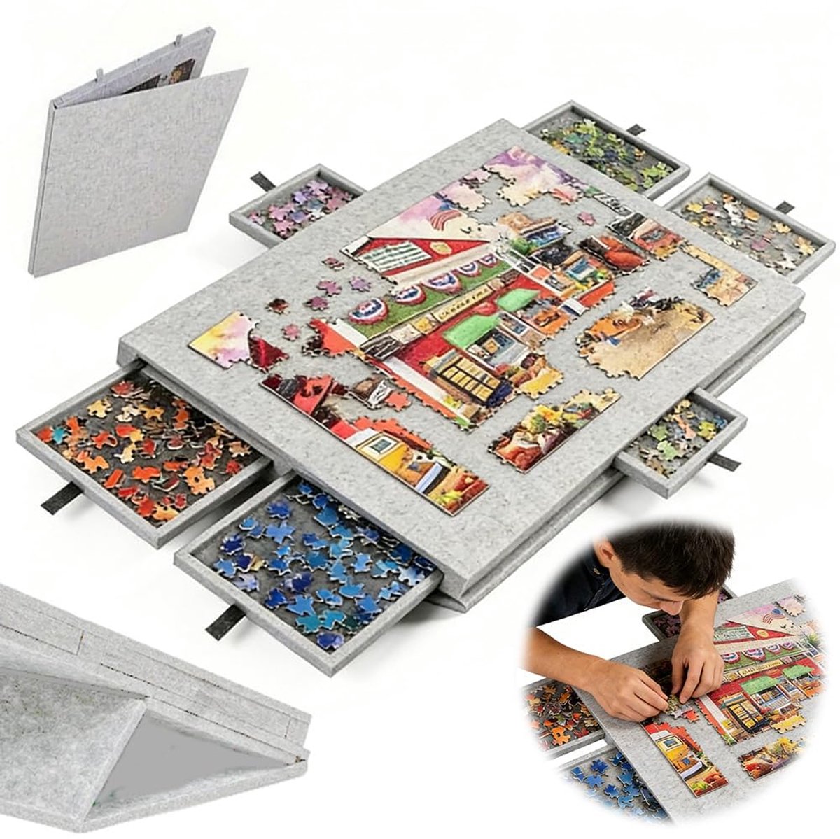 SnelShoppen - Kantelbare Puzzelplank met 2-in-1 Standaard en Afdekking, Lichtgewicht Vilten Puzzeltafel met 6 Laden voor Volwassenen, Draagbare Puzzel