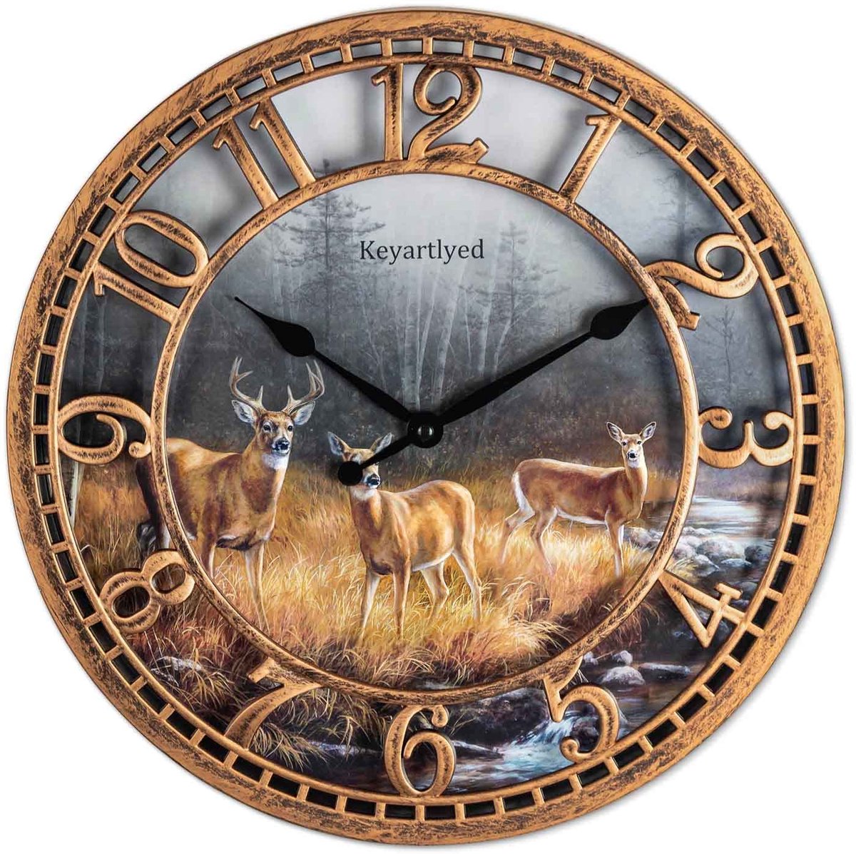 SnelShoppen - Ronde wandklok boerderij, kunststof hertenklok, stil en niet tikkend, rustieke klok 30,5 cm voor thuis, keuken, woonkamer, slaapkamer, k