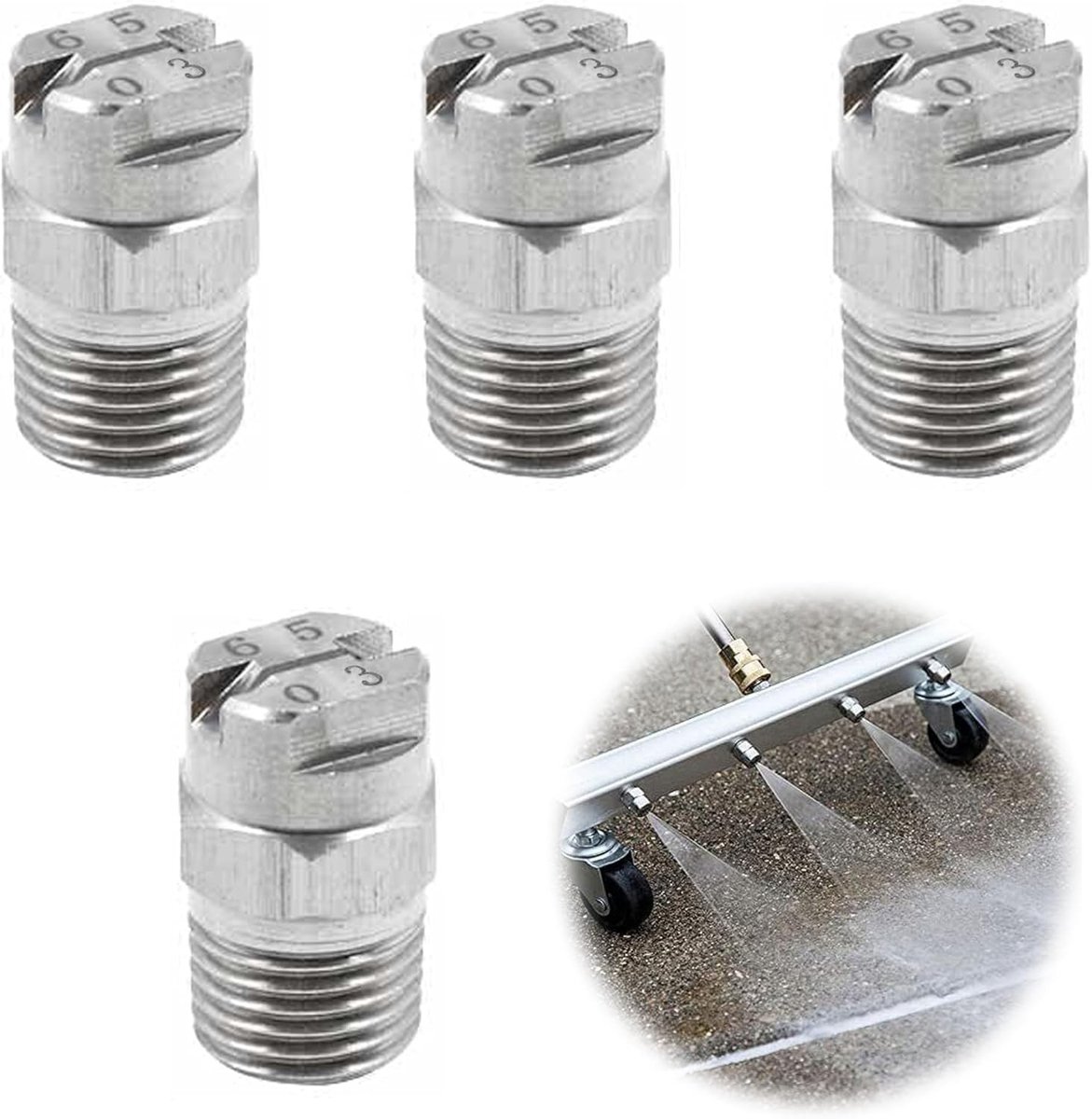 Set van 4 vervangende hogedruk spuitmonden voor hogedrukreinigers, 304 roestvrij staal, 1/4 BSPT, 65 graden, 1.1 mm gatdiameter