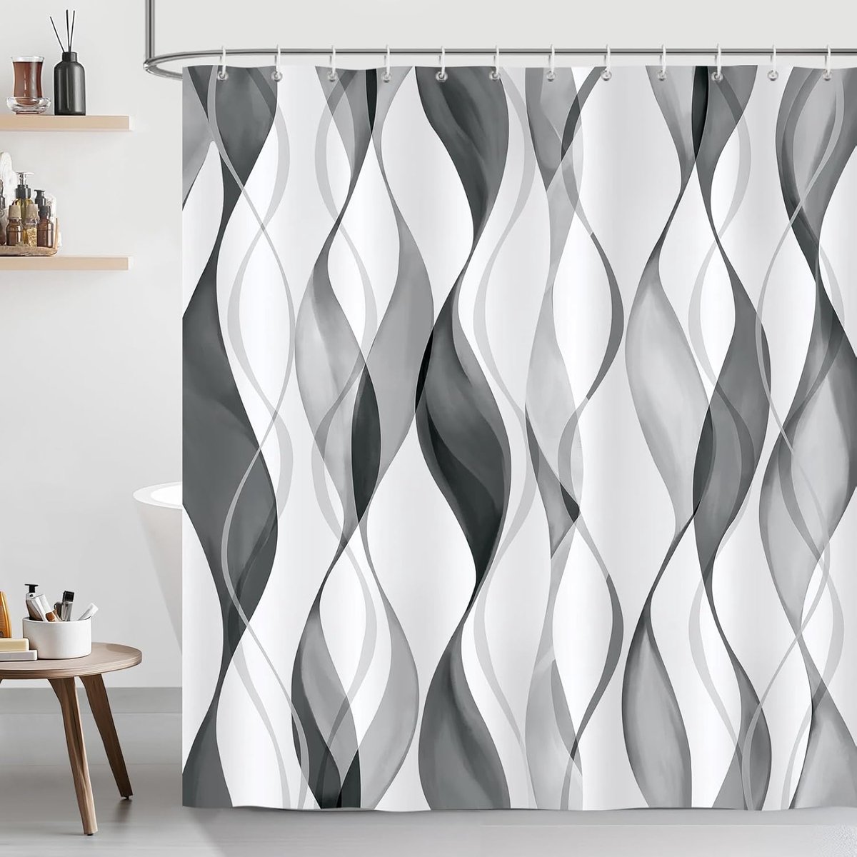 SnelShoppen - Douchegordijn zwart-grijs met golven, modern en abstract, schimmelwerend en waterdicht, polyester, wasbaar, inclusief 12 haken, 180 x 18