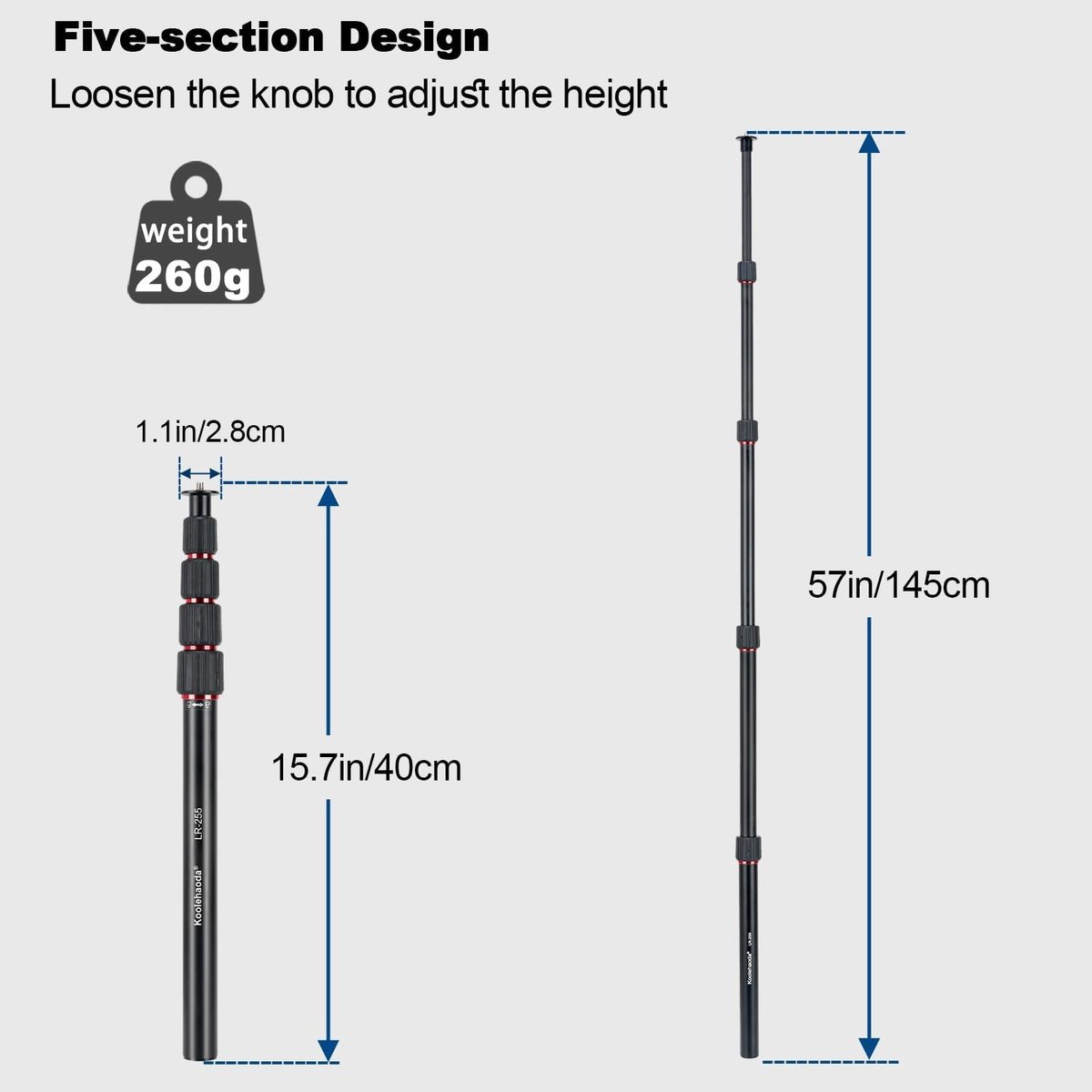 Statiefverlengstuk 145 cm van aluminium, 5-delige telescopische monopodstang voor camera, gimbal en telefoon met 1/4" - 3/8" schroefdraad