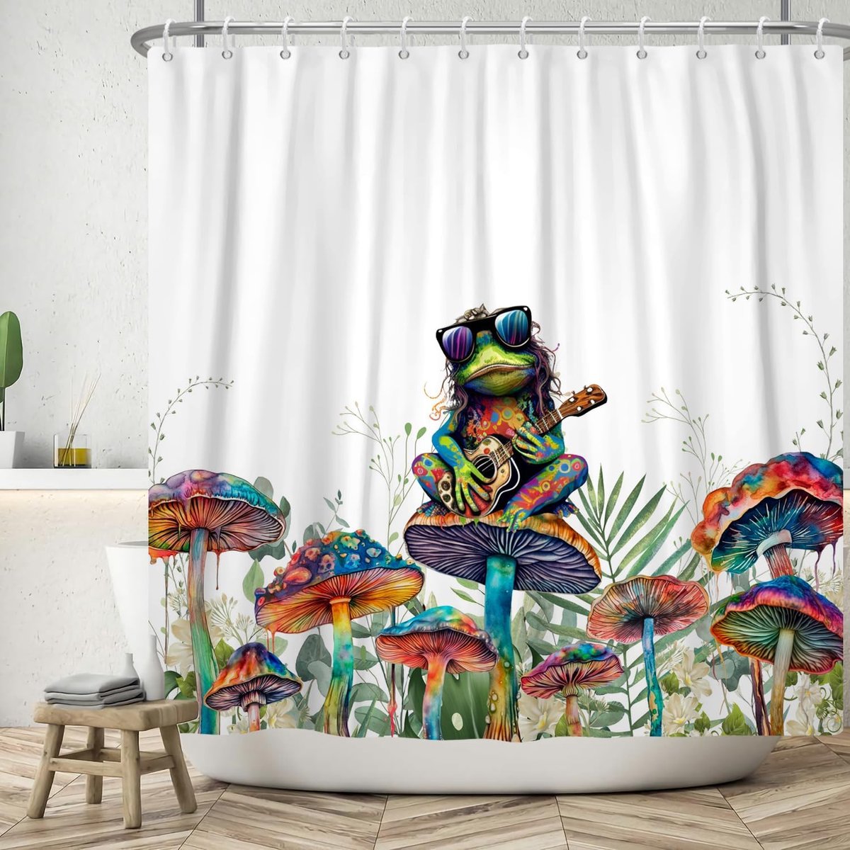 SnelShoppen - Grappig Douchegordijn 180 x 180 cm, Kleurrijk Punk Kikker Ontwerp, Waterdicht Polyester Textiel, Wasbaar, Perfect voor Badkamer met Padd