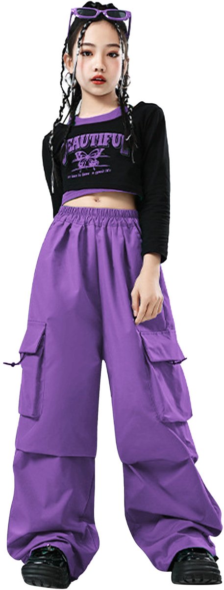SnelShoppen - Meisjes Hip Hop Outfit, Bedrukte Crop Top & Cargo Broek Dans Set, Trendy Streetwear voor Kinderen 6-13 Jaar in Lila, Perfect voor Feestj