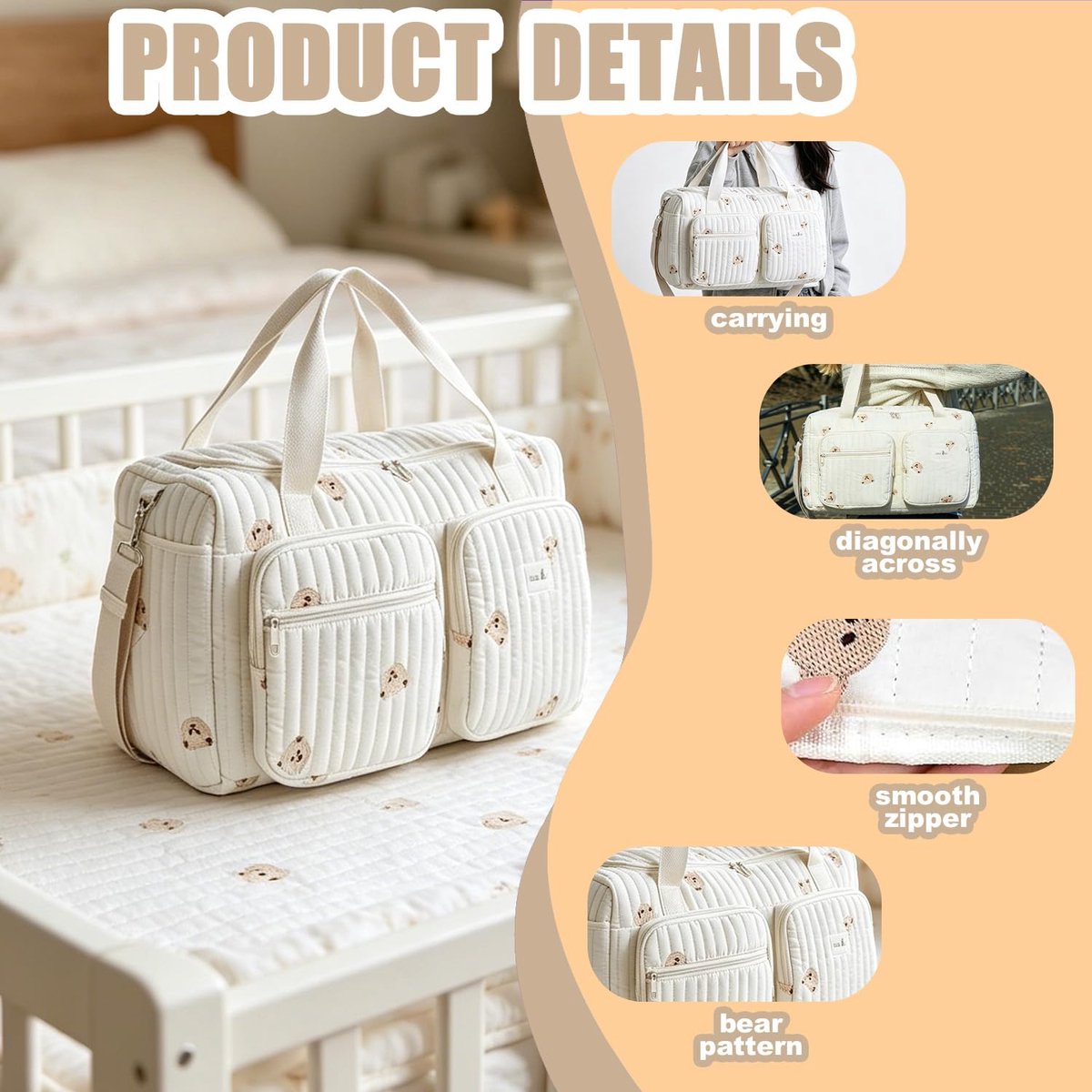 SnelShoppen - Gewatteerde Luiertas - Grote Babyluiertas van Katoen 48x22x26 cm - Mama Tas met Grote Capaciteit - Lichte Kliniektas voor Ziekenhuis, Re