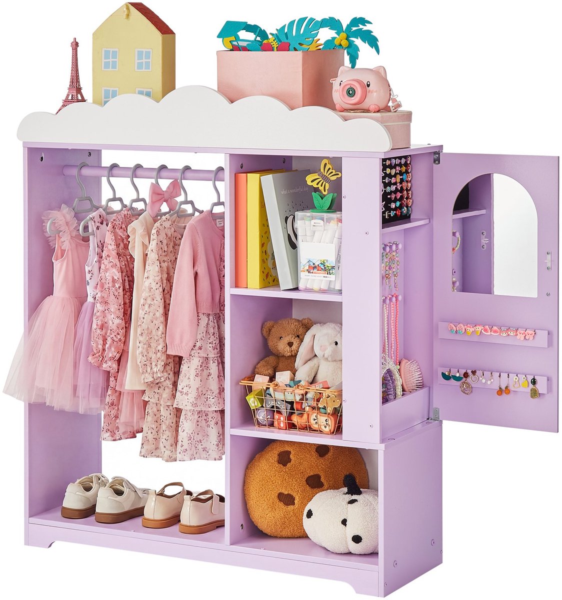 Kinderkledingkast - Verkleedkast - Met Spiegel - Kledingstang en Planken - MDF - Met Sieradendoos - Voor Kostuums Speelgoed en Poppen - 91x30x103 cm - Paars