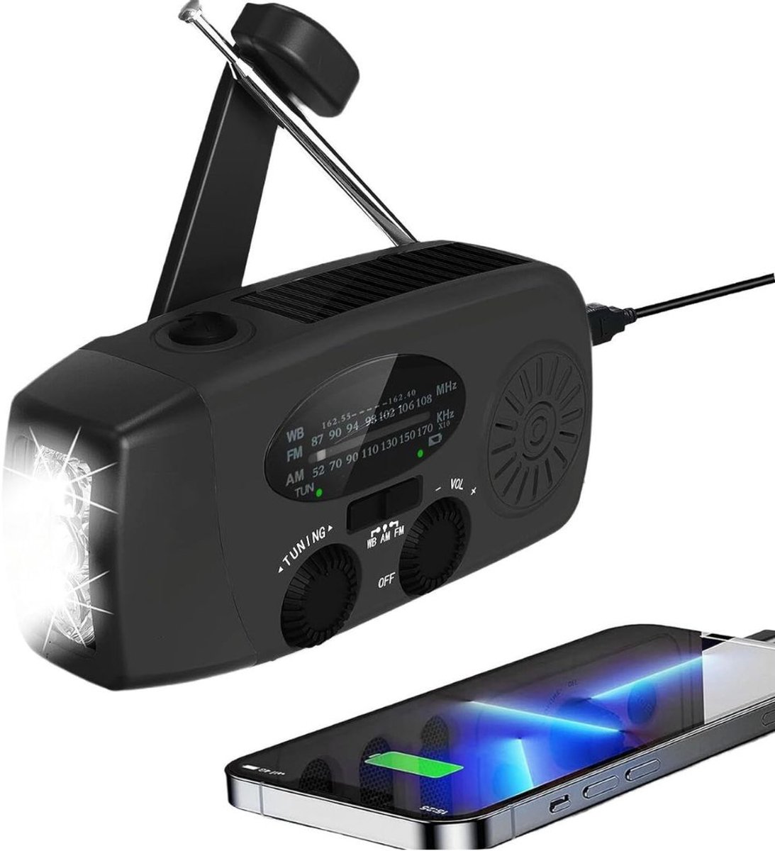 SP® Noodradio - Draagbare Radio op Zonne Energie - LED Zaklamp - Zwart - 10cm x 15cm x 8cm