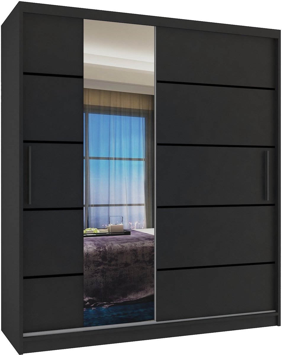 BELINI Verona MBP Schuifdeurkast 133 cm Zwart Mat - Kledingkast met Spiegel - Comfort Line Slaapkamerkast