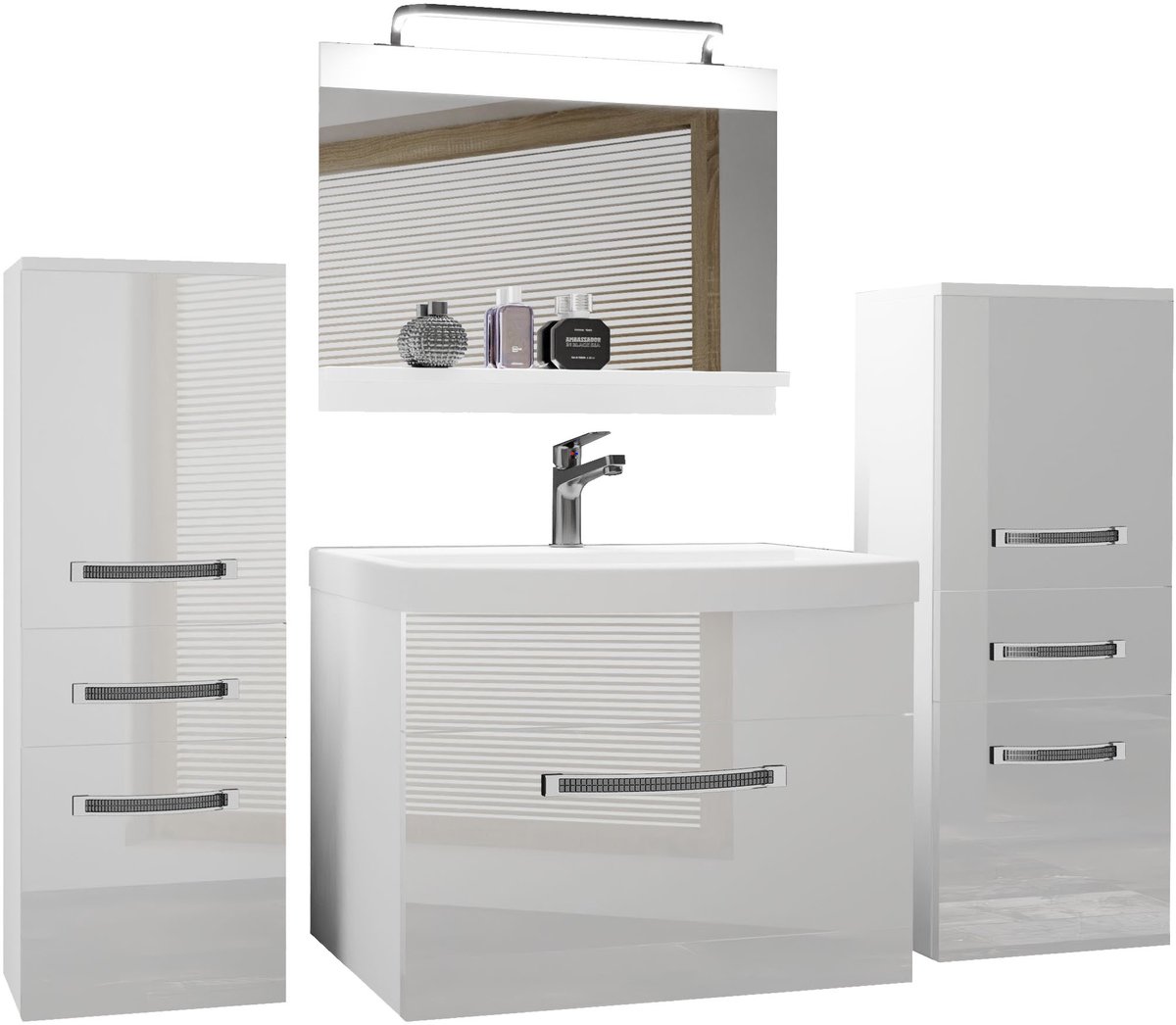 BELINI Badkamermeubel Set GLA P 4 - Badmeubelset 140 cm Wit Hoogglans met Wastafel, Spiegel en LED Lamp - Wandmontage