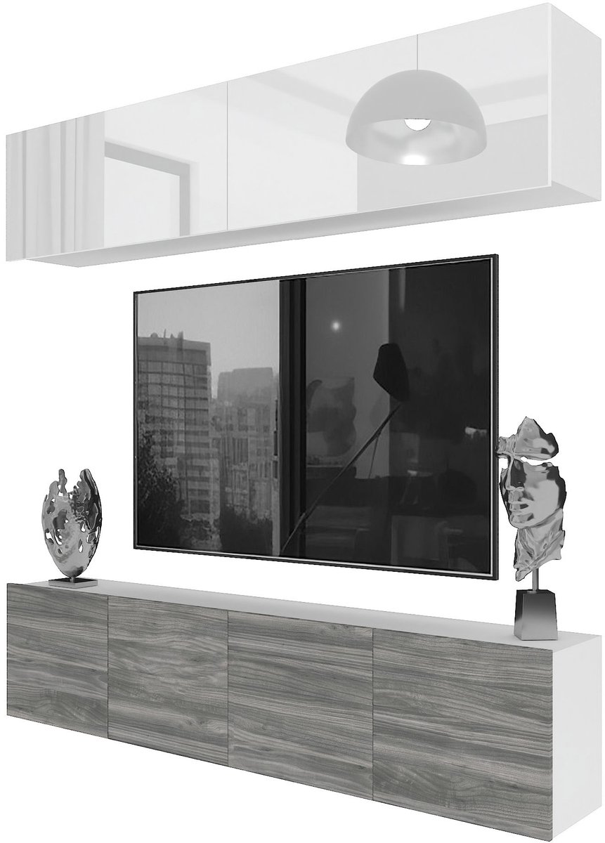 BELINI Wandmeubel Milano 6 200 cm Wit Hoogglans/Grijs Mat - TV-Wand Greeploos - Moderne Woonwand met Gasliftsysteem - Modulair TV-Meubel