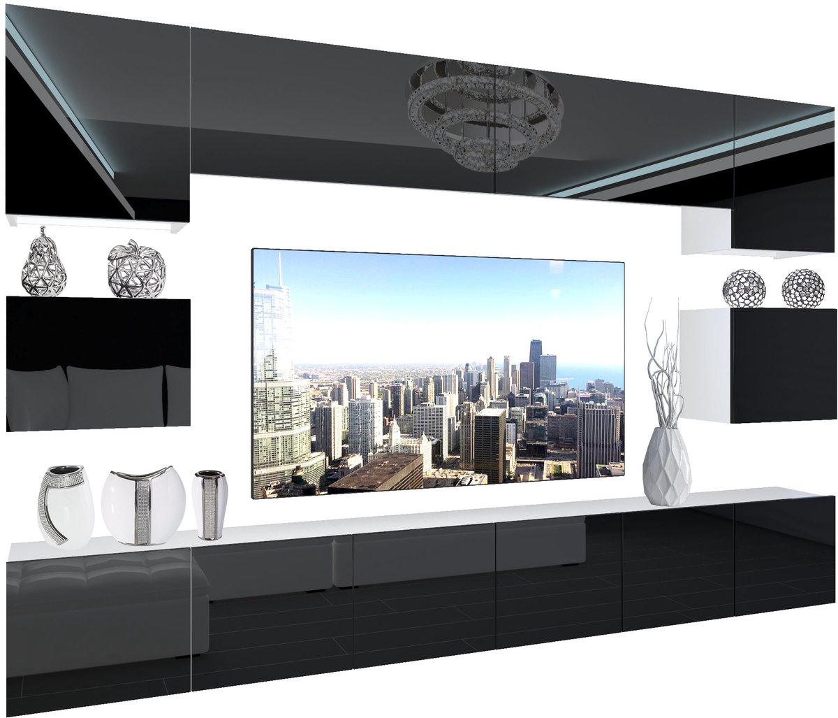 BELINI Wandmeubel NEX 3 - TV-Wandkast Set met LED-Verlichting Zwart - Hoogglans Fronten