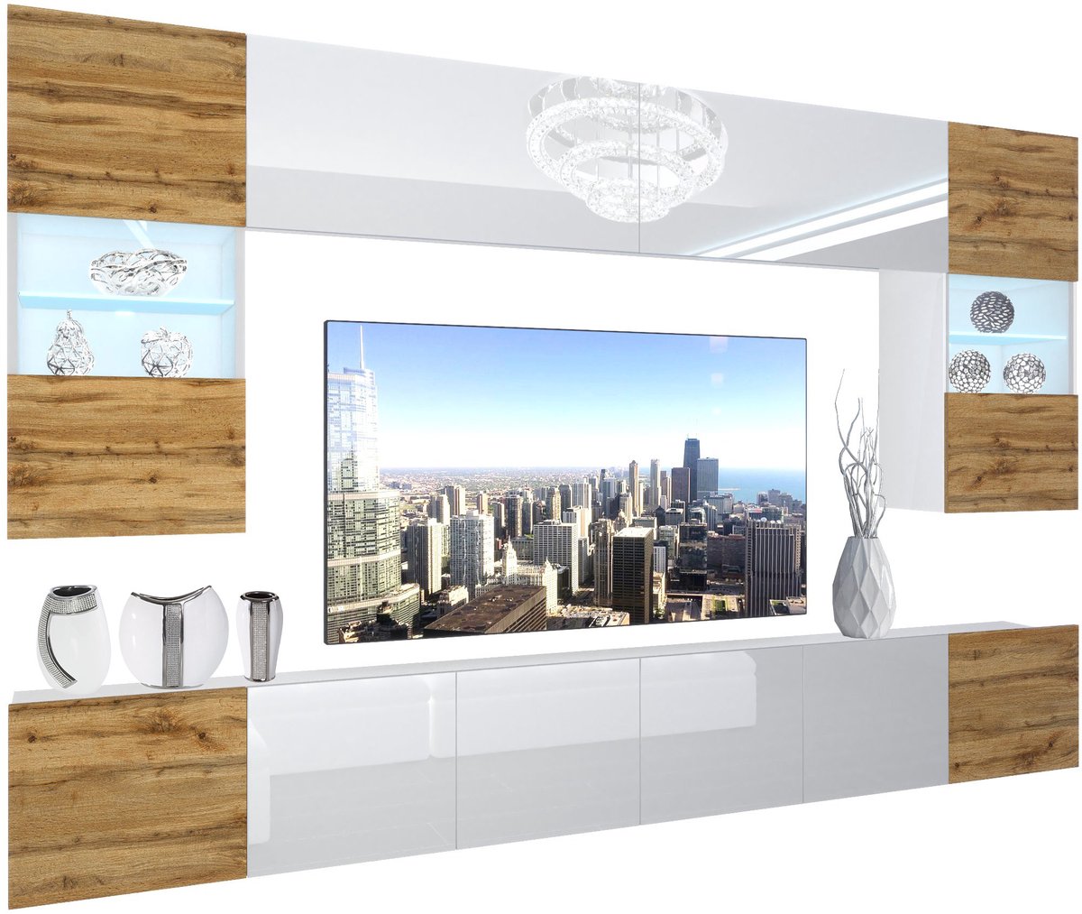 BELINI Wandmeubel NEX 1 - TV-Wandkast Set met LED-Verlichting Wotan Eiken / Wit - Hoogglans Fronten