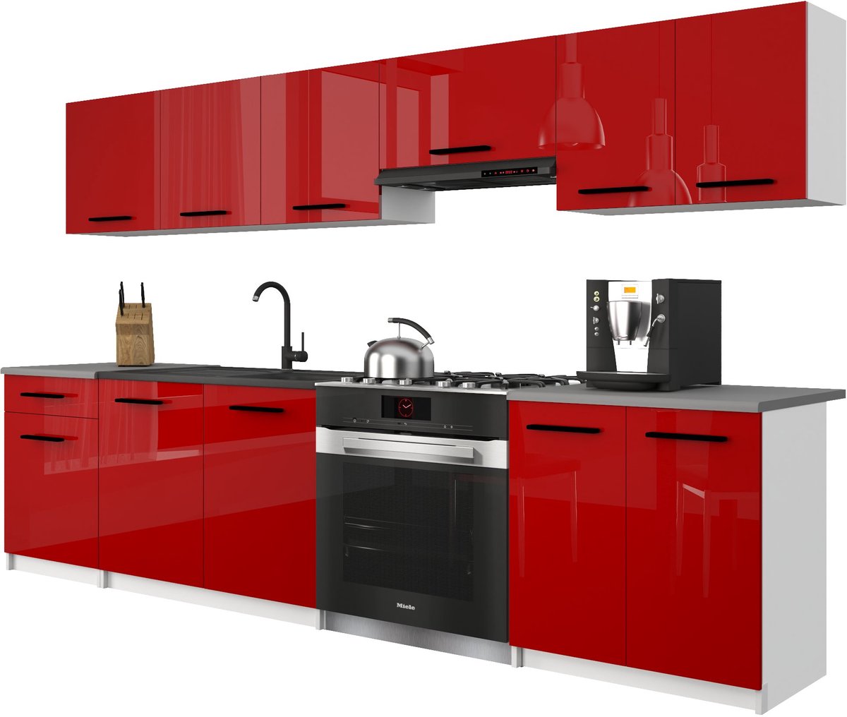 BELINI Keukenblok ITALIA 2 - Keukenmeubel Set 240 cm Rood met Werkbladen - Boven- en Onderkasten