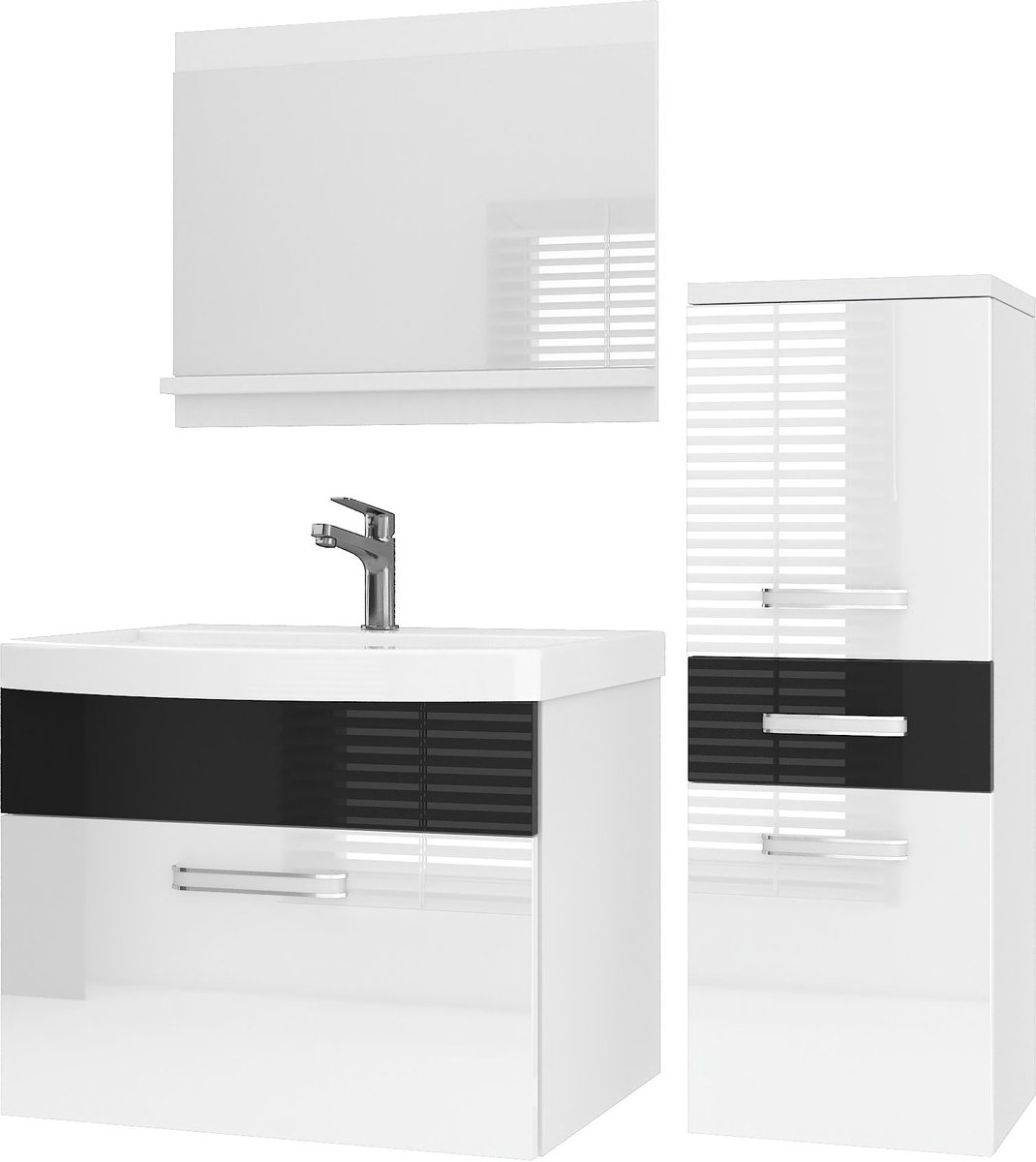BELINI Badkamermeubel Set PRI P2 - Badmeubelset 90 cm Wit/Zwart Hoogglans met Wastafel en Spiegel - Wandmontage
