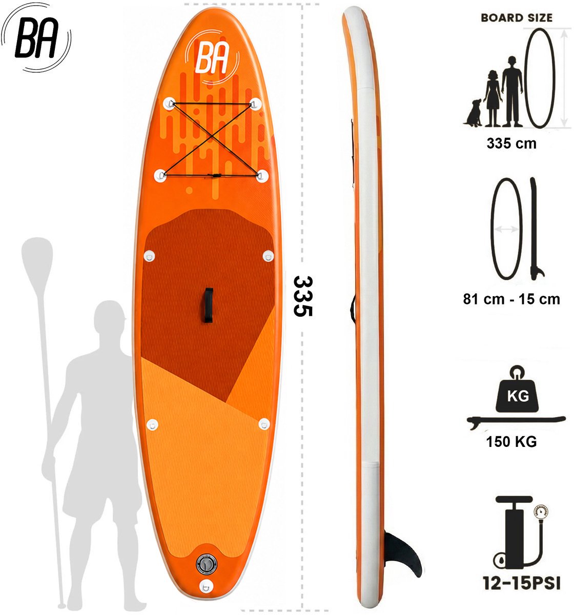 Best Active Horizon SUP Board XXL - 335x81x15cm - Opblaasbaar Paddle Board - Complete Set Inclusief SUP Zitje - Met Pomp / Draagtas / Verstelbare Peddel / Enkelkoord / Reparatiekit - Belastbaarheid Max. 150KG - Oranje – foto 2