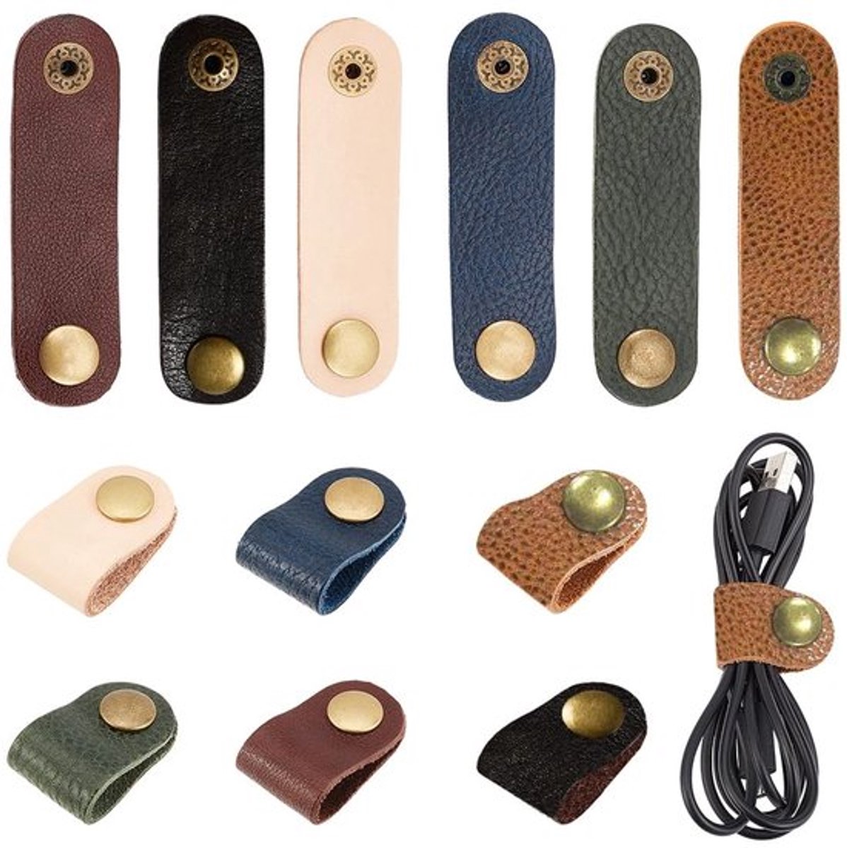 Lederen Kabelriemen - Snoerbeheerhouder - Draagbare Oortelefoon Kabelbinder - 6 Kleuren - Snoerorganizer voor Thuis en Reizen - 12 Stuks
