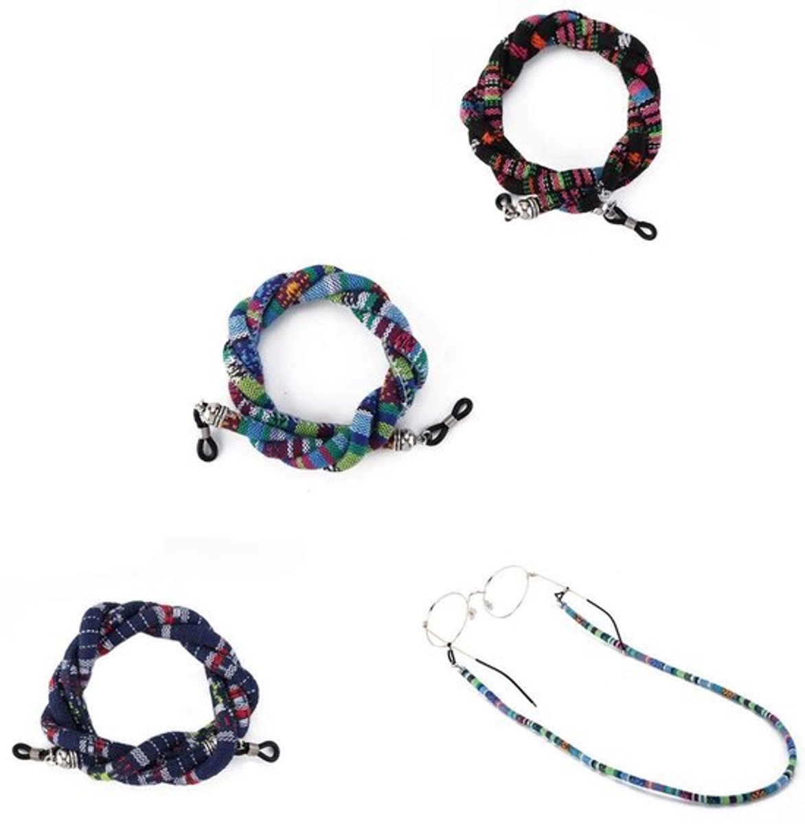 Brillenketting Etnisch Patroon - Verstelbaar - Set van 3 - Meerkleurig - Gevlochten Textiel - Praktische Clips - Brillenband