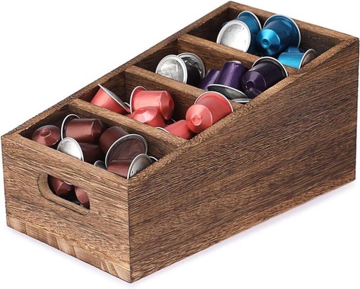 Houten Opbergmand met 4 Compartimenten voor Keuken en Pantry, Organiser voor Koffie, Thee en Specerijen