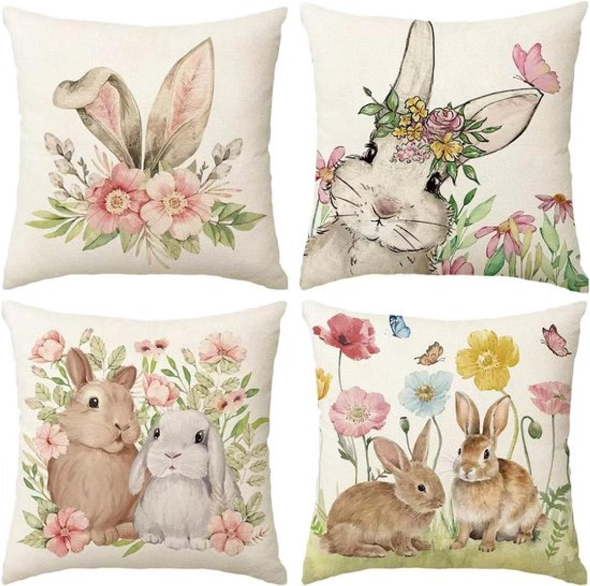 Zachte decoratieve kussenhoezen met haasontwerp - 45 x 45 cm - fluweel zacht - konijntje en bloemen - bank - slaapkamer - woonkamer - tuin - woondecoratie