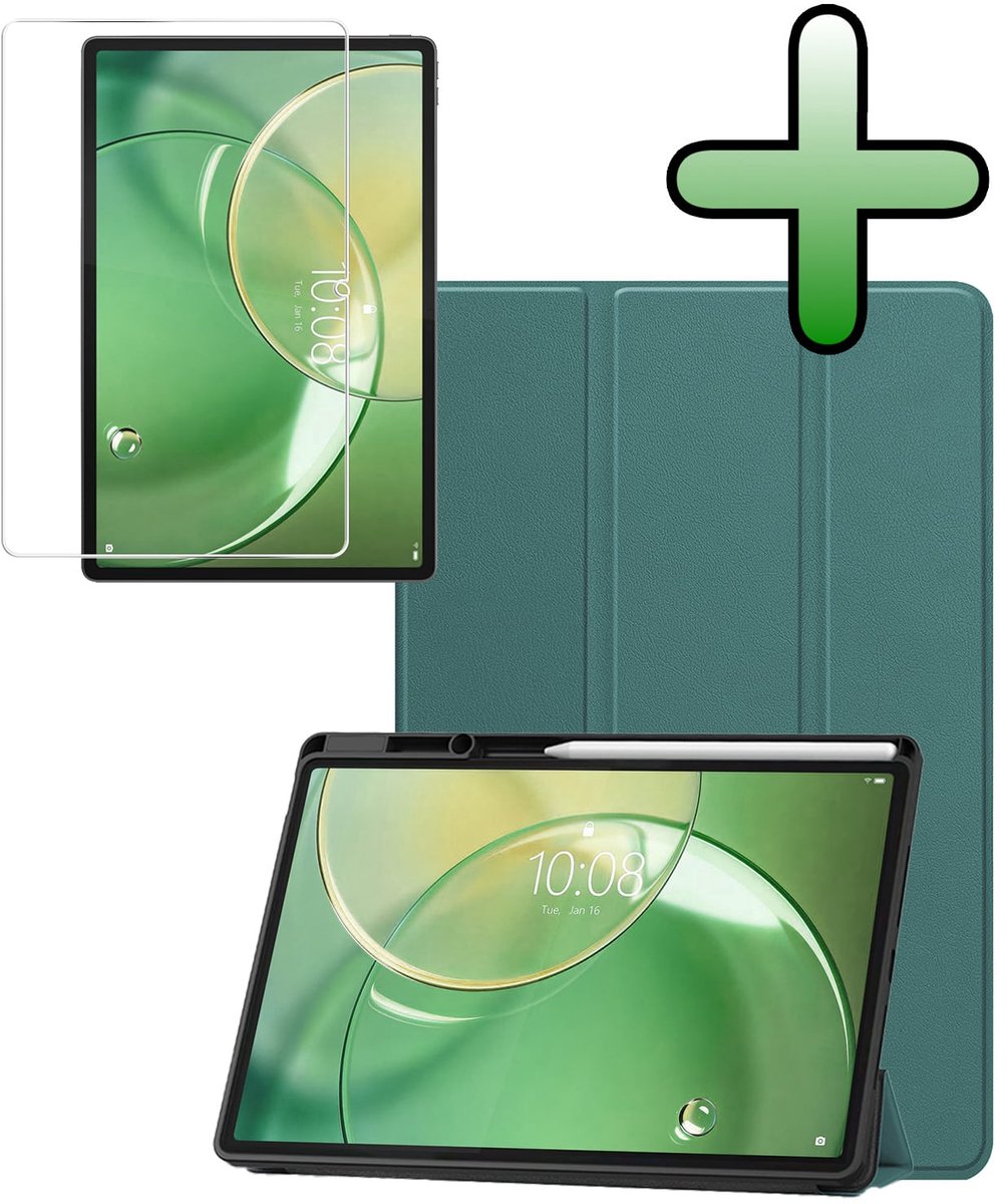 Hoesje Geschikt voor Lenovo Idea Tab Pro Gen 2 - Met Screenprotector - Trifold Bookcase - Hard Cover Case - Met Uitsparing Geschikt voor Lenovo Pen - Hardcover Book - Tablet Hoes - Donkergroen