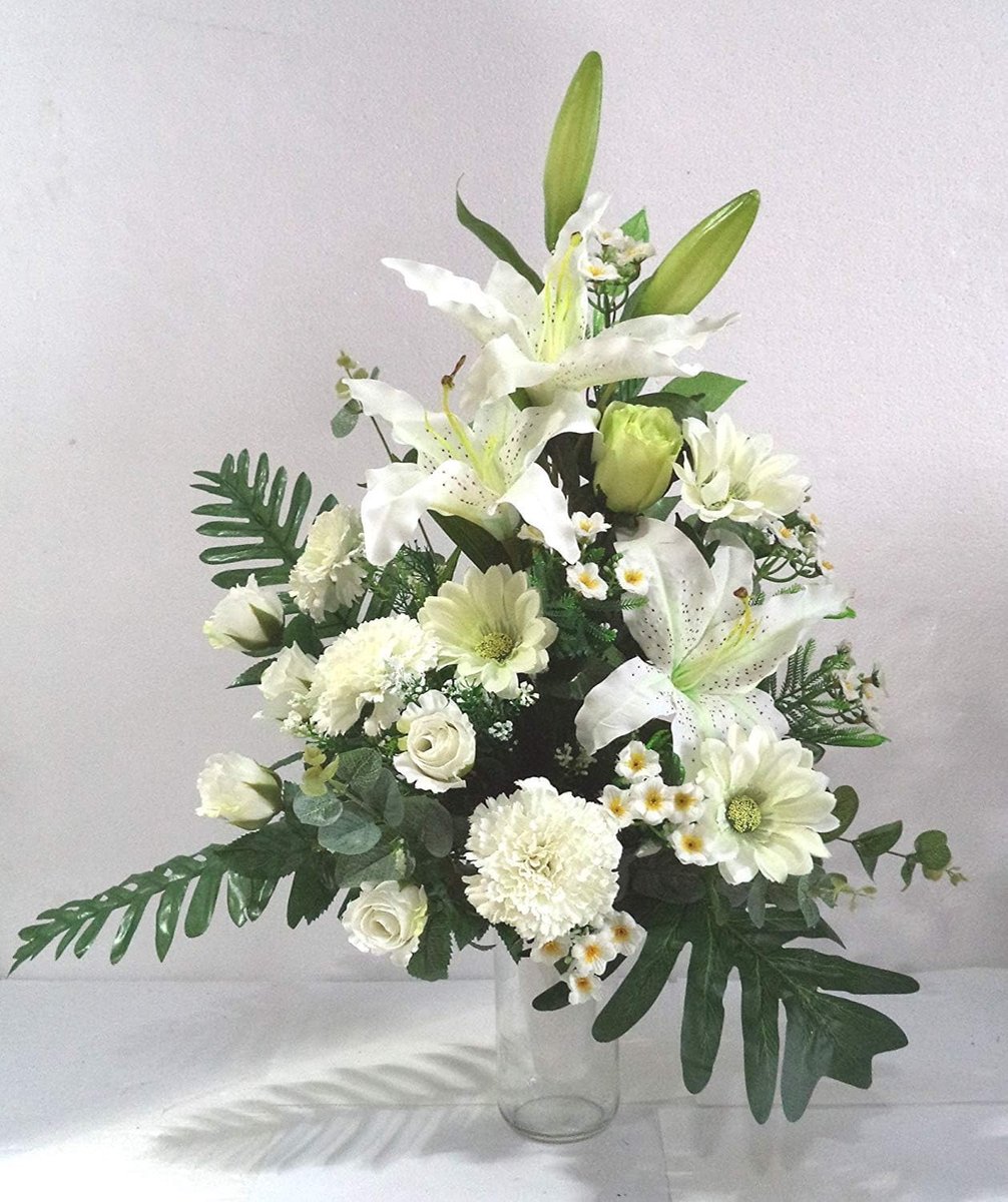 SnelShoppen - Kunstbloemen Centrum voor Begraafplaats, Kunstmatige Bloemen voor Grafboot of Nissen, 36x50x20 cm, Wit, Elegante Herinnering, Hoogwaardi