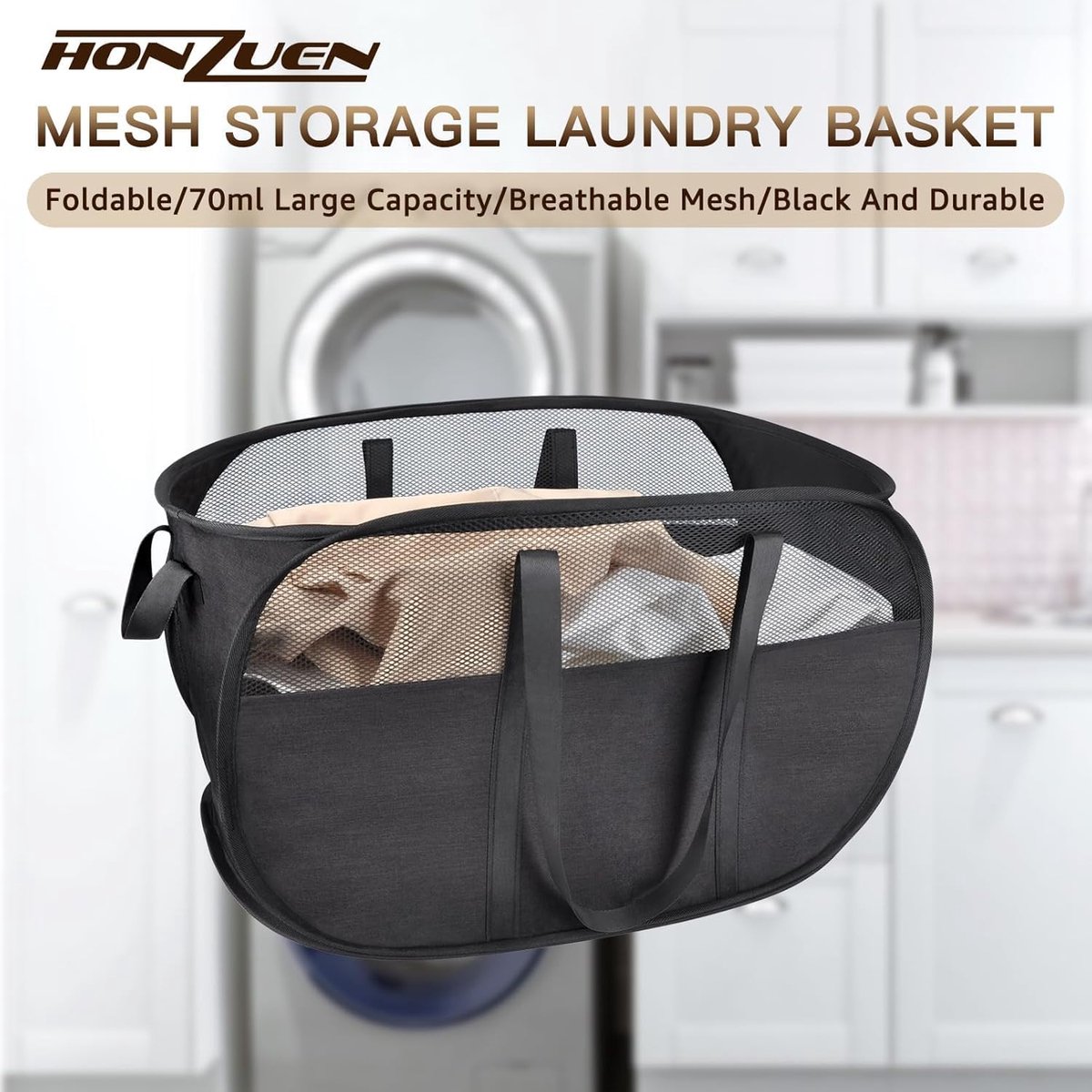 SnelShoppen - Pop-up wasmand 70 liter, opvouwbare waszak met handgrepen, ademende mesh wasverzamelaar voor badkamer, slaapkamer, studentenhuis en reiz