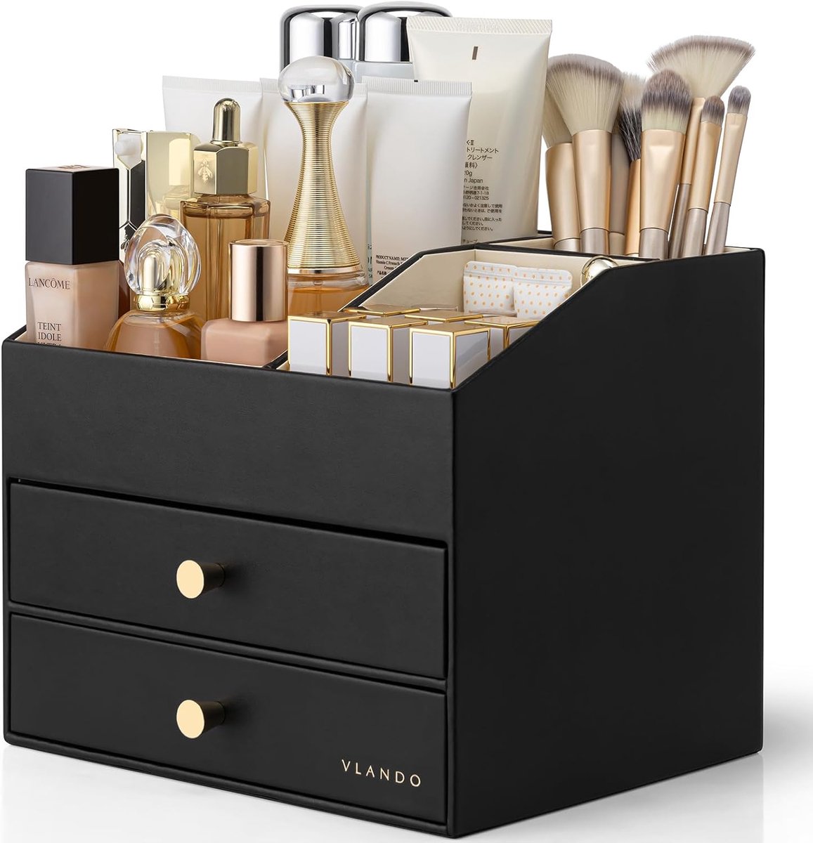 SnelShoppen - VLANDO Make-up organizer met 3 laden | PU leder make-uptafel organizer, parfum organizer, huidverzorging, lippenstift accessoires, zwart