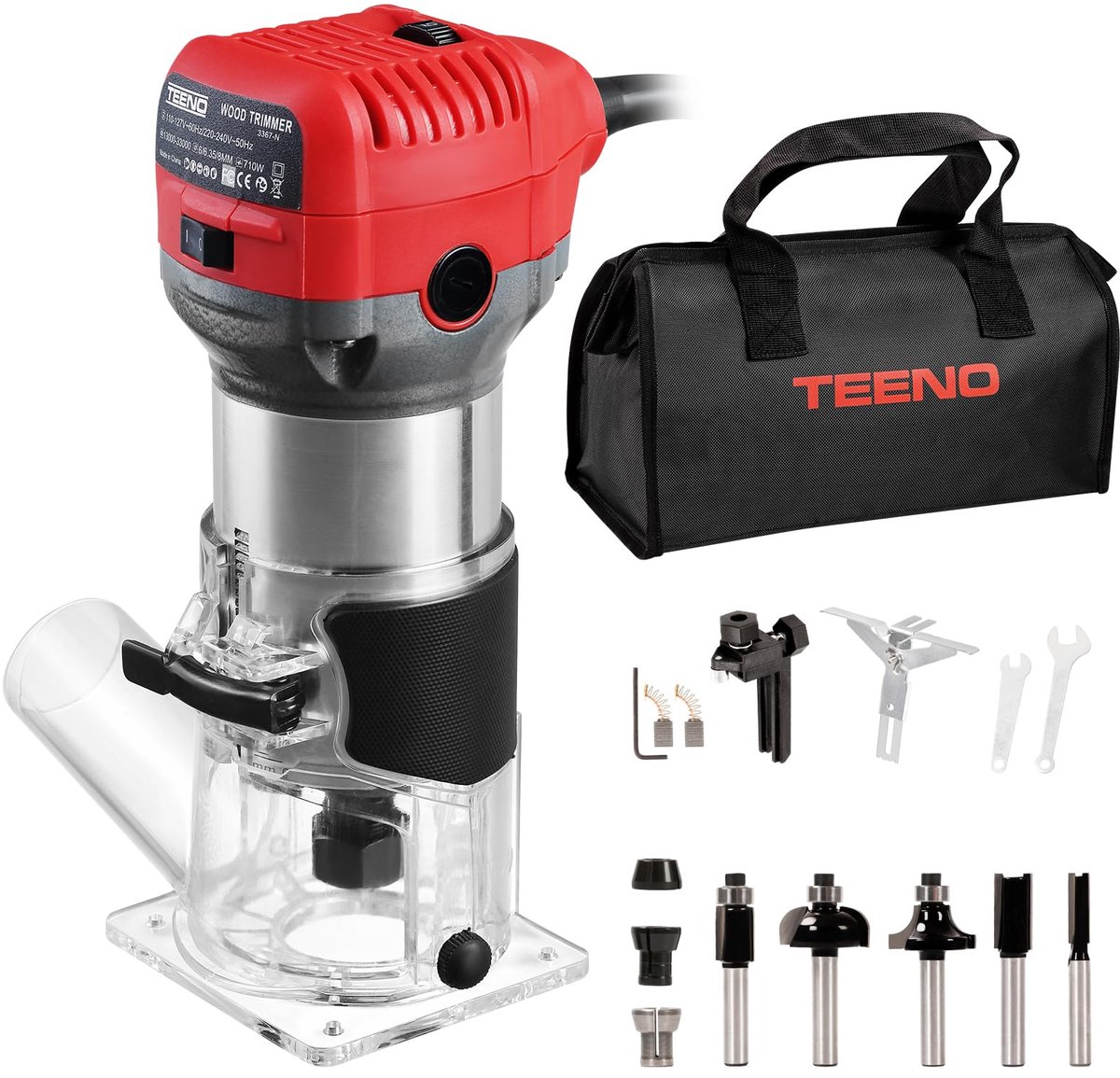 SnelShoppen - TEENO Bovenfrees 710W 13.000–33.000 tpm met stofzuiger aansluiting, elektrische randfrees met 5 stuks 1/4" frees, 6 variabele snelheden,
