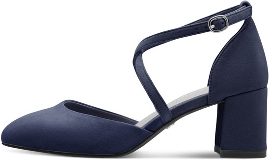 Escarpins Tamaris bleu marine en suédine avec brides croisées et boucle, et un talon bloc.