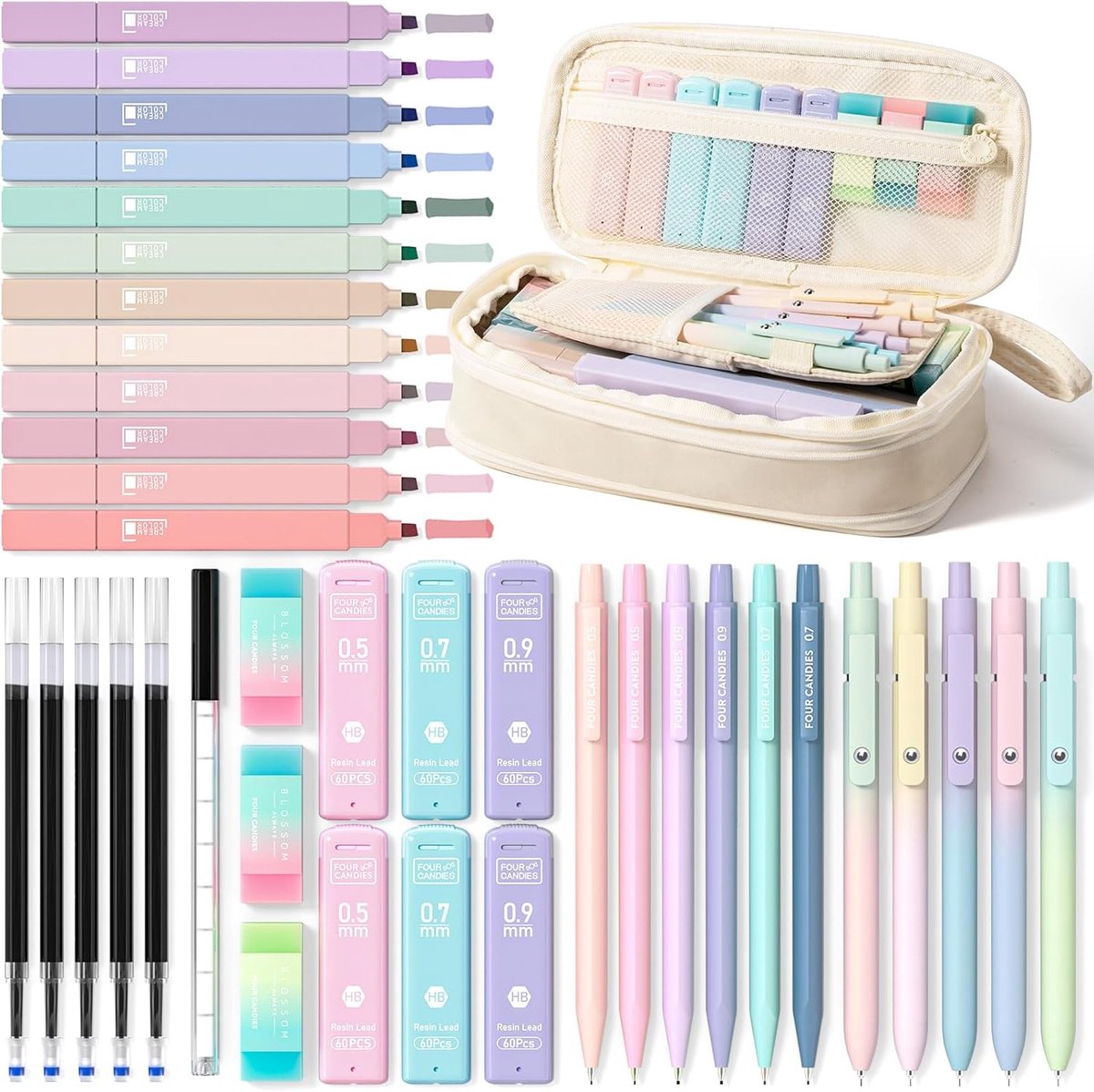 SnelShoppen - 39-delig Schattig Schoolbenodigdheden Set met Pennen Etui, 5 Zwarte Gelpennen, 12 Pastel Markers, 6 Aesthetische Mechanische Potloden vo
