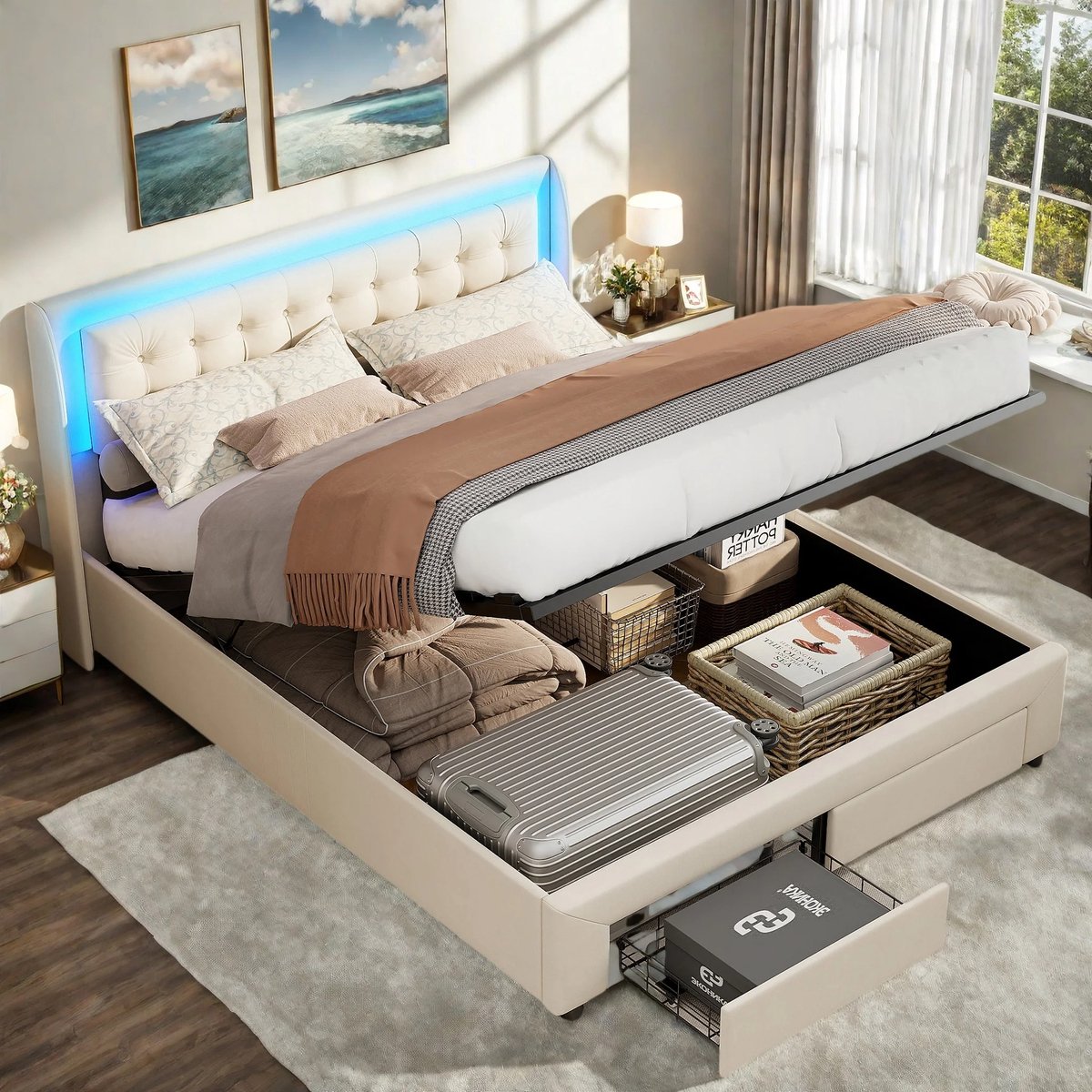 Parasha Nova Bed - 140x190 cm tweepersoonsbed, hydraulisch bed, opbergbed, gestoffeerd bed, platformbed met grote opbergruimte - multifunctioneel opbergbed voor kleine slaapkamers, beige, fluweel, matras niet inbegrepen