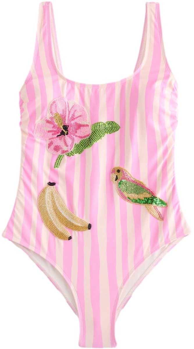 Next Dames - Buikcorrigerend badpak met kralenversiering en lage hals - Roze Pink/Cream Stripe