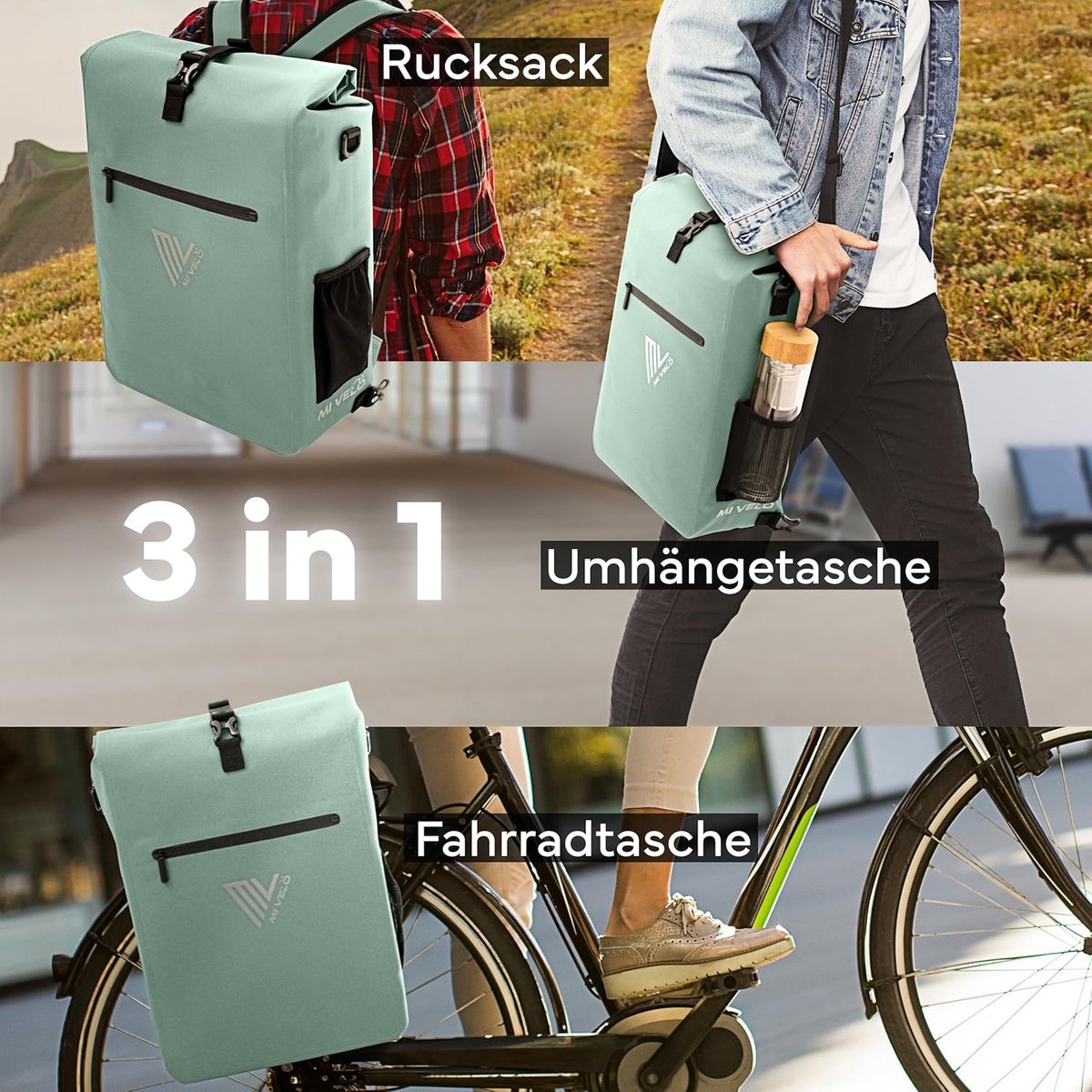 SnelShoppen - Fietstas voor bagagedrager, 3-in-1 rugzak, schoudertas en bagagedragertas, 100% waterdicht, PVC-vrij, met uitneembare laptoptas in mintg