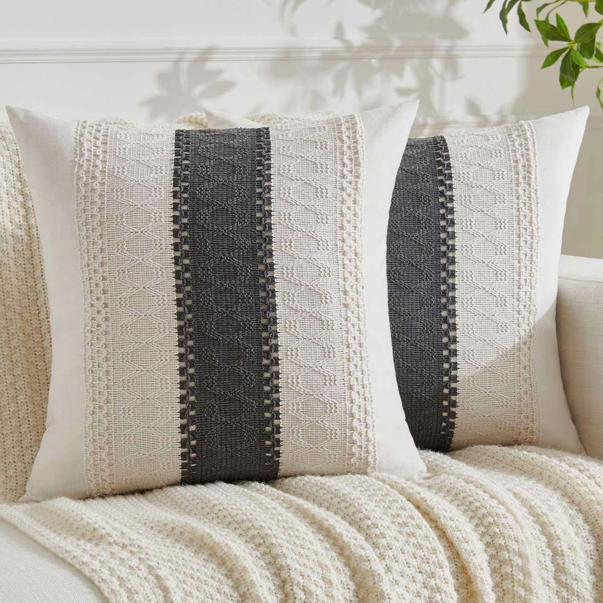 SnelShoppen - Kussensloop 40 x 40 cm grijs boho macramé katoen linnen set van 2 moderne kussenhoezen voor bank woonkamer landelijke stijl sierkussen