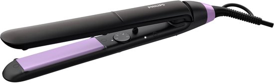 Zwarte Philips stijltang met paarse accenten, op witte achtergrond.