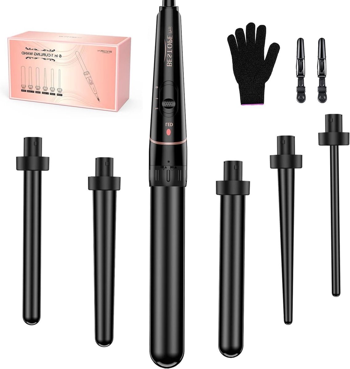 Krultang Set - Haarstyling Tools - Kapsels Creëren - 6 Verwisselbare Opzetstukken - Instelbare Temperatuur - Zwart