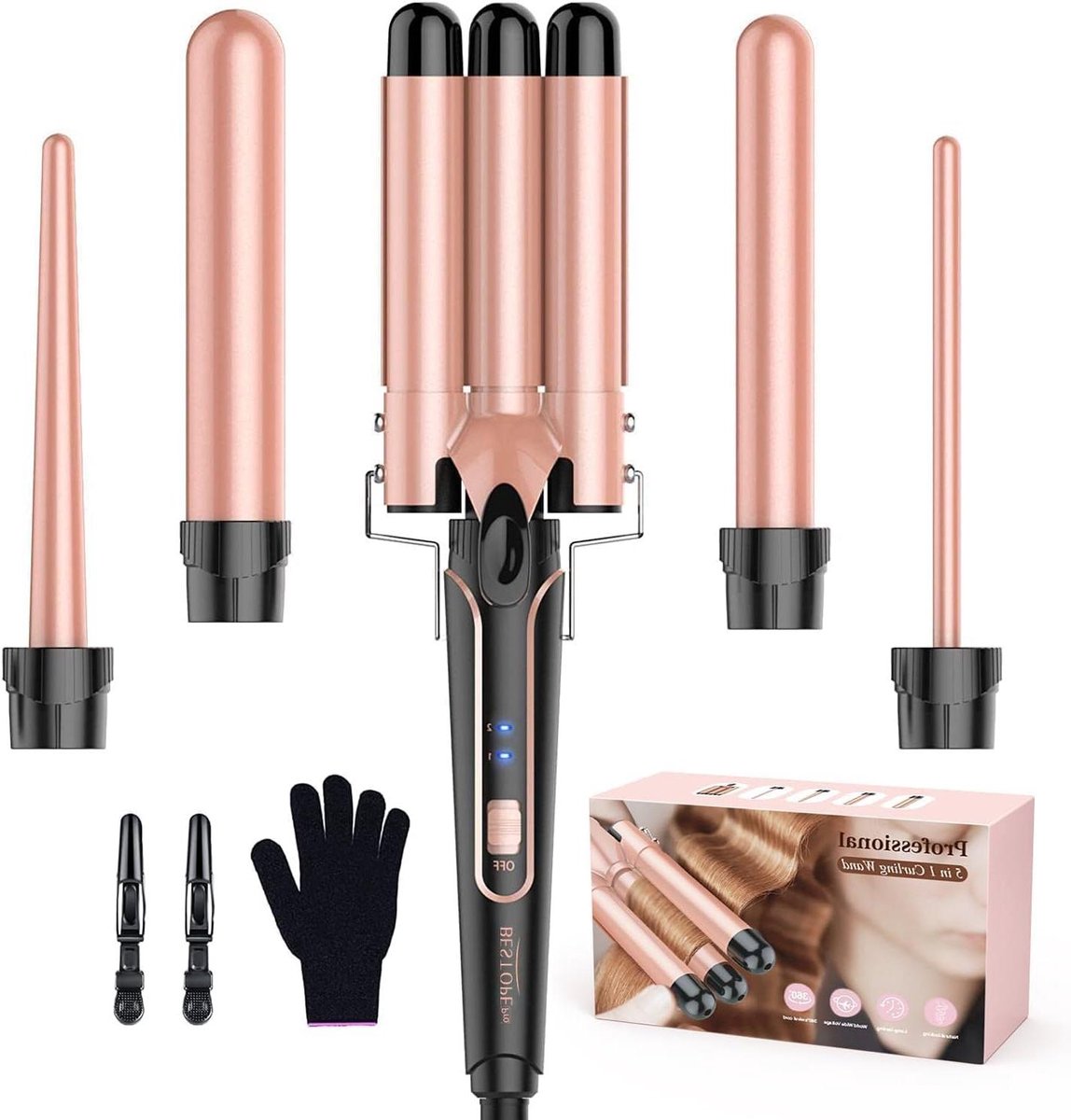 Krultang Set - Haarstyling Tools - Professioneel Kapsel - 5 Stijlen Wisselbaar - 5-in-1 - Roségoud