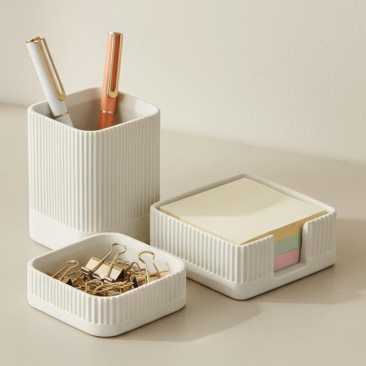 SnelShoppen - Esthetische Bureau-Organizerset van Beton voor Kantoor, Inclusief Pennenhouder en Paperclip-Opbergers, Stabiele Bureauaccessoires voor D