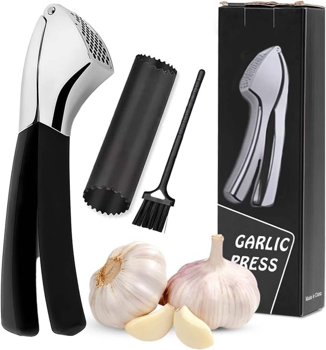 Garlic Press, Ergonomic Handle, One-handed Garlic Press with Cleaning Brush, Dishwasher Safe - ShopVlot