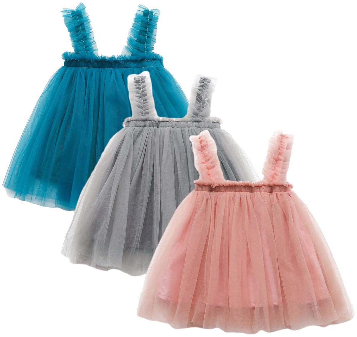 SnelShoppen - Set van 3 Tutu Prinsessenjurken voor Babymeisjes, Mouwloos, Tule, Zomer, 0-3 Jaar, Roze, Blauw, Grijs, Feestelijke Kleding
