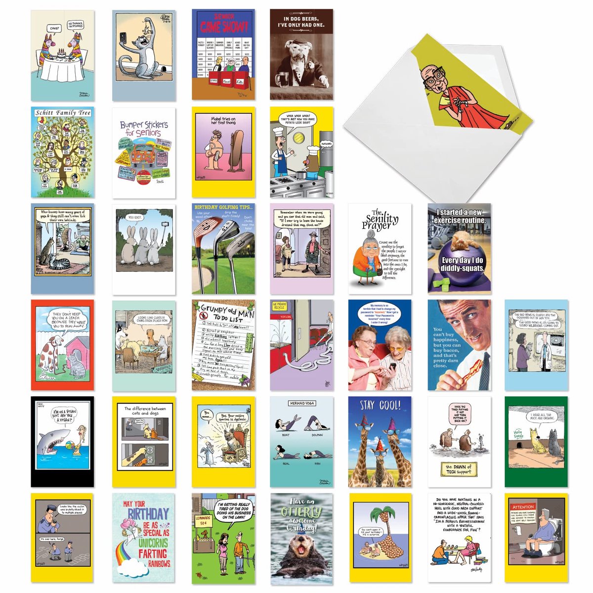 SnelShoppen - Voordeelset van 36 Grappige Verjaardagskaarten met Enveloppen - Humoristische Wenskaarten voor Volwassenen - Ideaal voor Mannen, Vrouwen