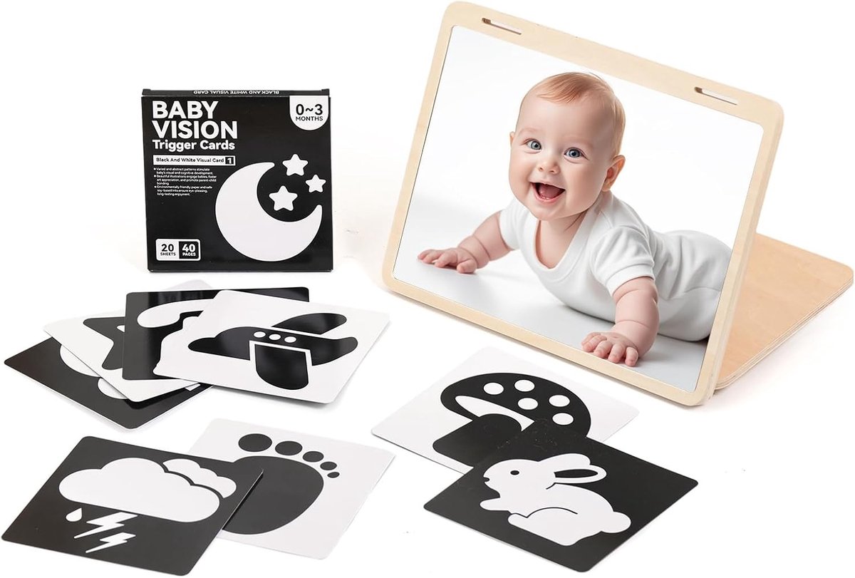 Montessori Houten Bijtring voor Baby's met Spiegelspeelgoed en Zwart-Witte Visuele Kaarten voor 0-12 Maanden