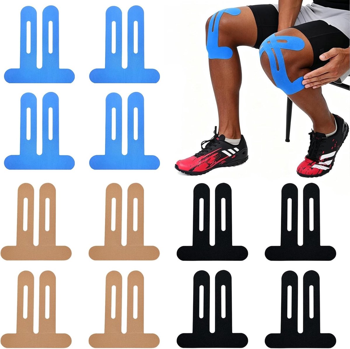 Voorgesneden kinesiotapes voor sport, kniespieren stabiliseren, waterdicht en ademend (12 stuks, zwart, blauw, beige)