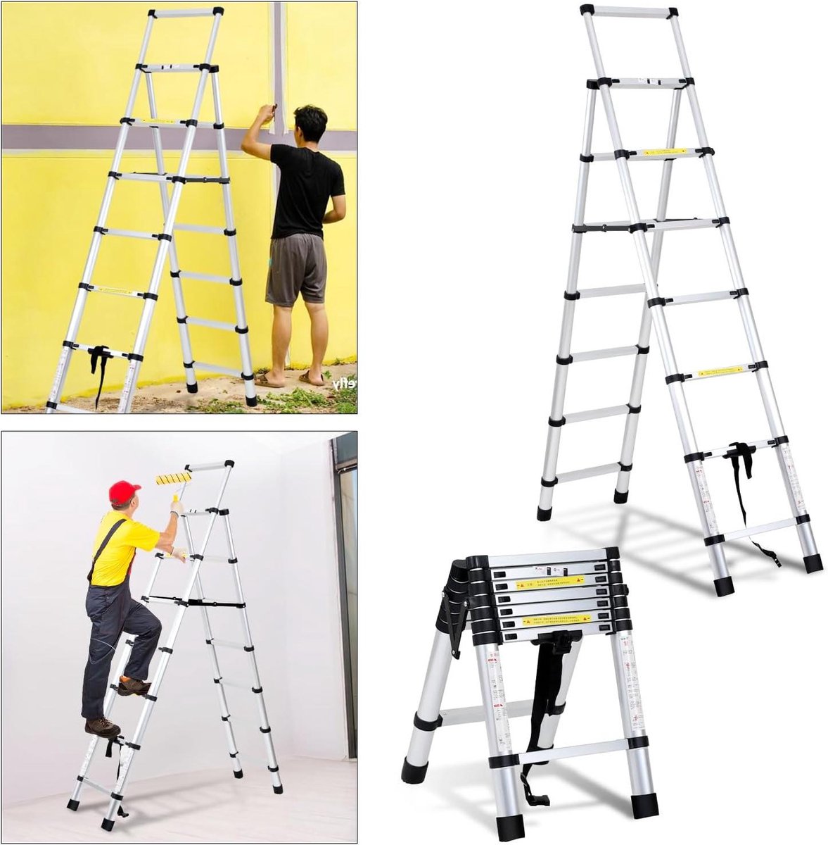 Telescoopladder Aluminium - Vouwladder Trapladder - Huishoudelijke taken - Antislip Stabiliteit - 2.0 + 2.3m - Zilver