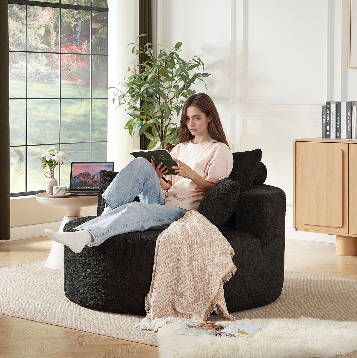 STILVORA Fauteuil 1-Zits - Geen Montage Nodig Met Armleuningen En Hoofdrolkussen - Voor Woonkamer En Slaapkamer - Chenille Zwart