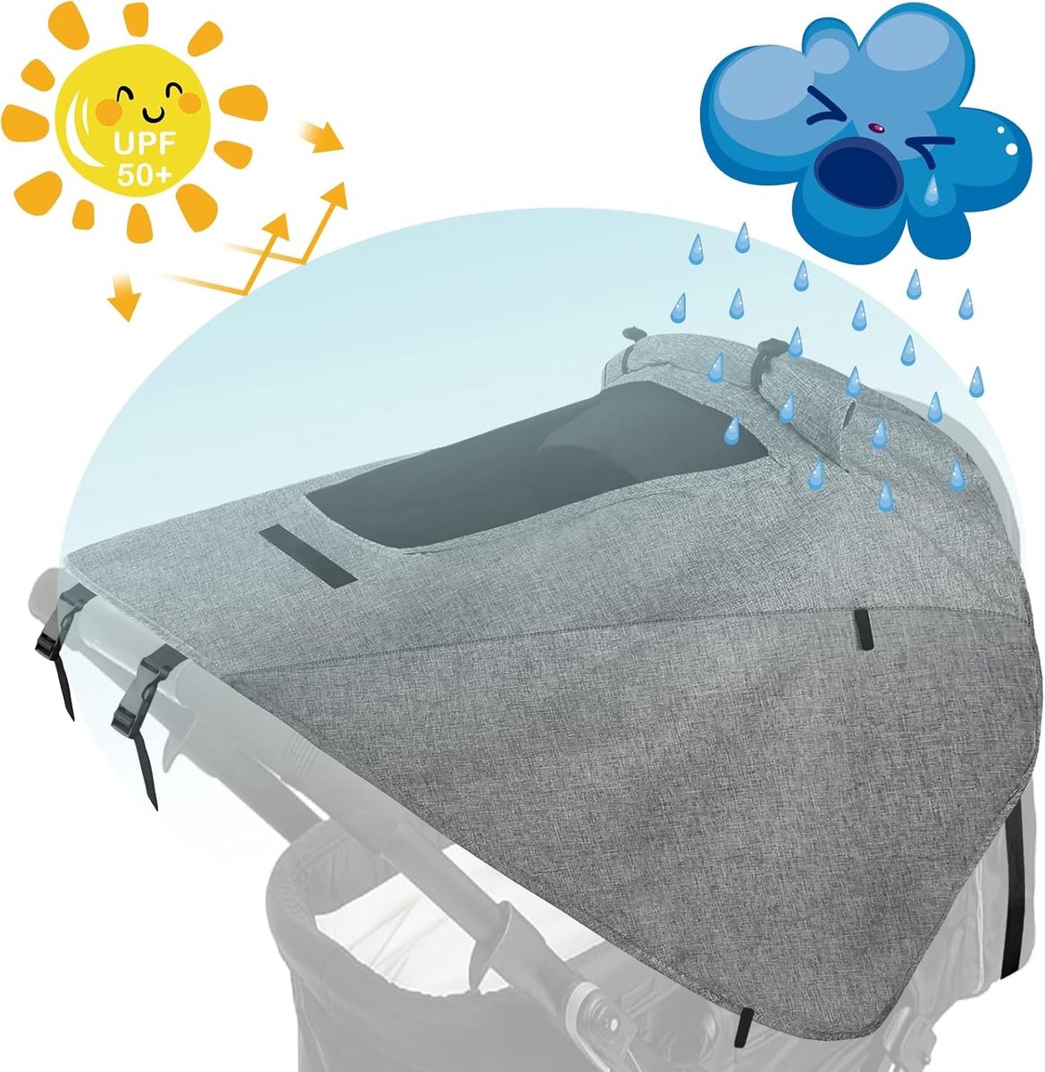 Verstelbare Zonnekap voor Kinderwagens met UV-bescherming 50+, Waterdicht en Extra Brede Schaduw, Dubbel Laags Stof met Zichtvenster, Geschikt voor Diverse Kinderwagens, Grijs