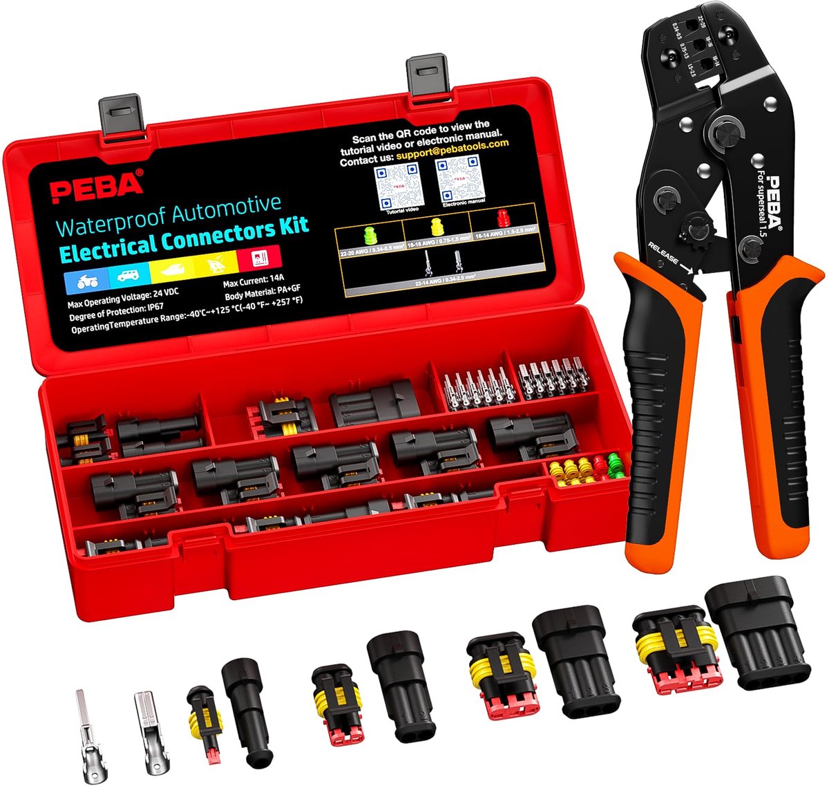 SnelShoppen - PEBA Waterdichte Auto Stekkerset met Krimptang (0,34-2,5 mm²), 12V 24V 1-4 Polige Superseal Stekkerverbindingen, IP67 Waterdicht, Kabels